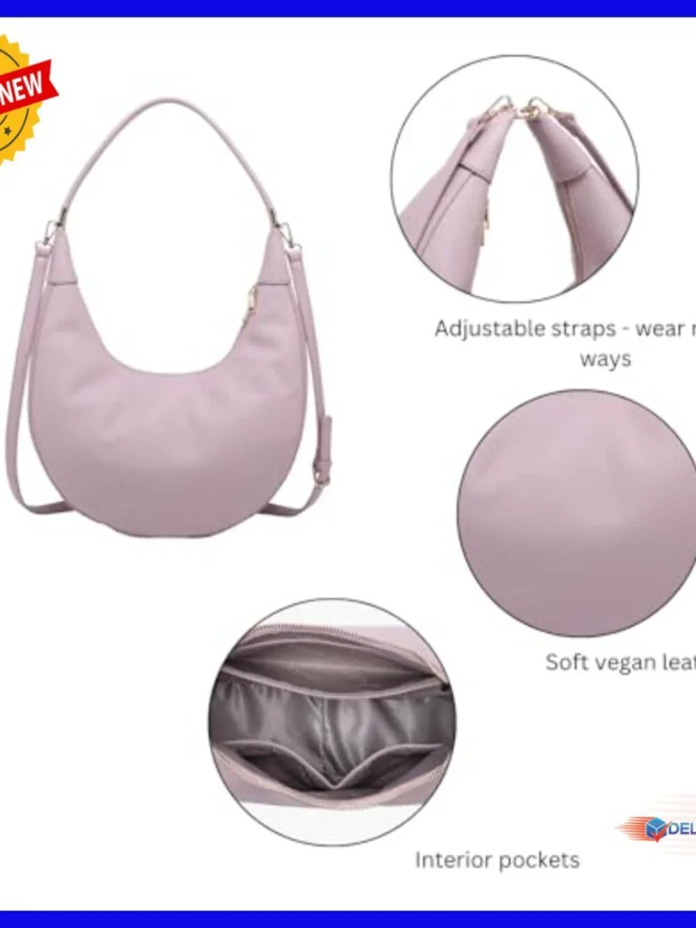 Vegan Leather Crossbody Hobo Bag with Adjustable Straps and Zipper Closure
